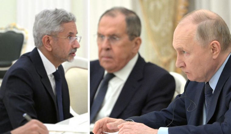 Foreign Minister S. Jaishankar attends a meeting with Russia's President Vladimir Putin and Foreign Minister Sergey Lavrov